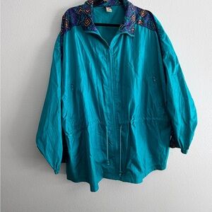 Vintage Honors Teal Utility Jacket Windbreaker with Patterned Collar